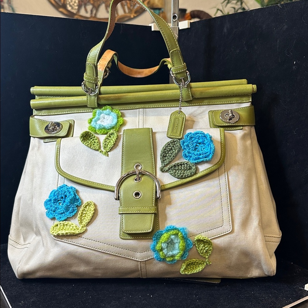 Coach Hampton Upcrafted 2004 Cream Canvas Tote with Lime Green and Teal Flowers